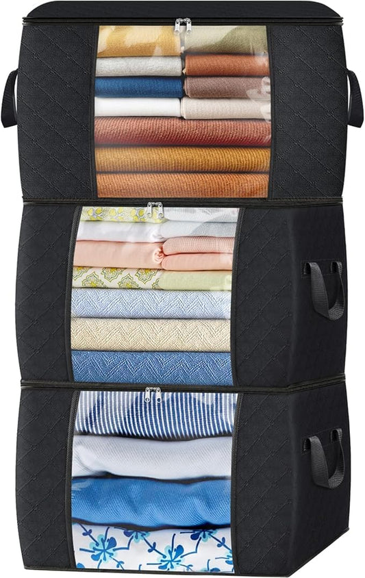 Fab totes 90L Clothes Storage, Foldable Thick Fabric Blanket Storage Bags, Containers for Organizing Bedroom, Closet, Clothing, Comforter, Organization with Handle (3 Pack,Black)-NeatNest