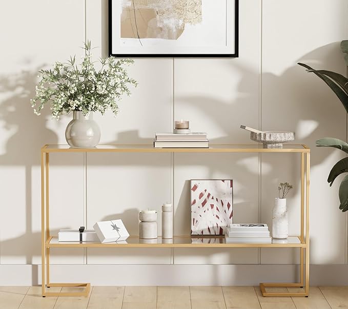 Cozy Castle 52" Console Table, 2-Tier Narrow Tempered Glass Sofa Table with Metal Frame for Living Room, Hallway, Bedroom, Gold-NeatNest