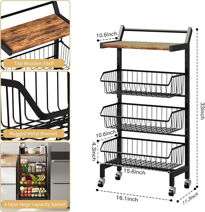 DGSNADGO Slim Rolling Storage Cart, 4-Tier Kitchen Cart on Wheels, Narrow Utility Cart with Handle and Wooden Tabletop for Small Space in Kitchen, Living Room, Bathroom, Laundry Room (Rustic Brown)