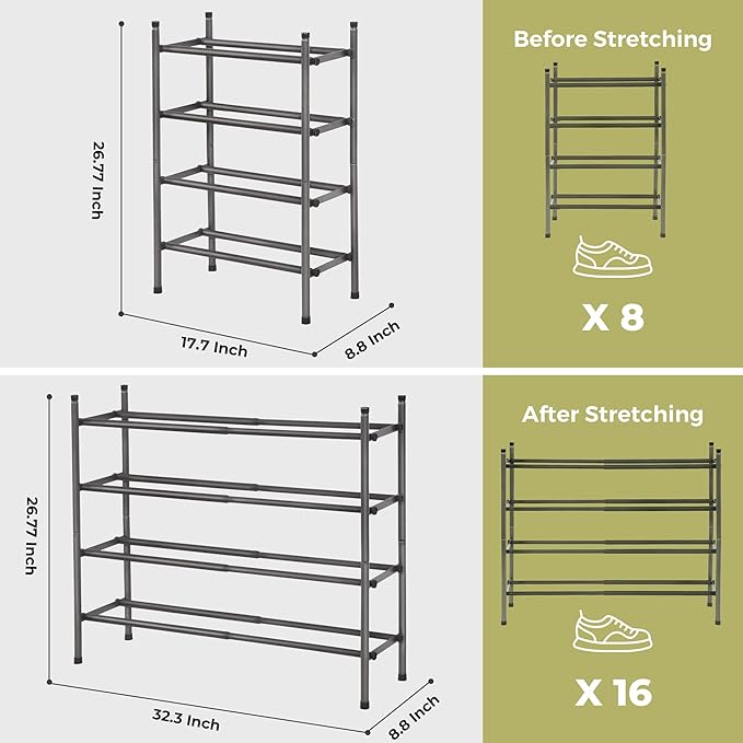 Shoe Rack, Expandable Shoe Storage Organizer for Closet, 4 Tier Metal Shoe Rack for Entryway, Adjustable Small Shoe Shelf for Front Door Entrance, Small Space, Garage-NeatNest