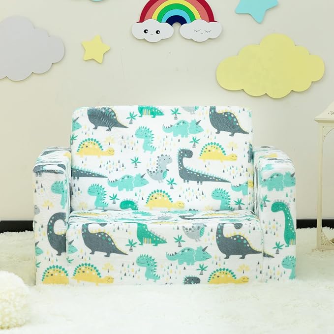 ALIMORDEN 2-in-1 Flip Out Cuddly Sherpa Toddler Couch, Convertible Sofa to Lounger, Dinosaur-NeatNest