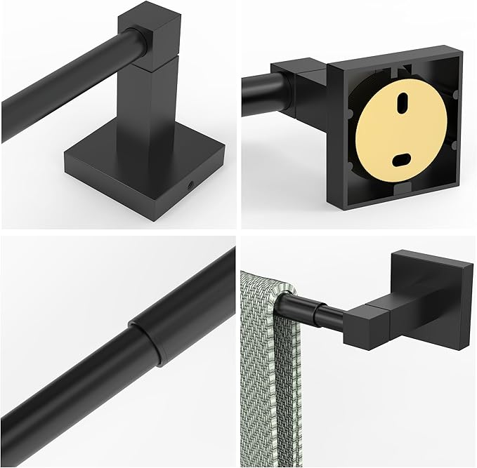 RUACQ Adjustable Towel Bar 13.8 to 24 inch,Square Base Single Towel Racks for Bathroom,Stainless Steel Towel Holder Wall Mounted,Sturdy and Rustproof(Matte Black)