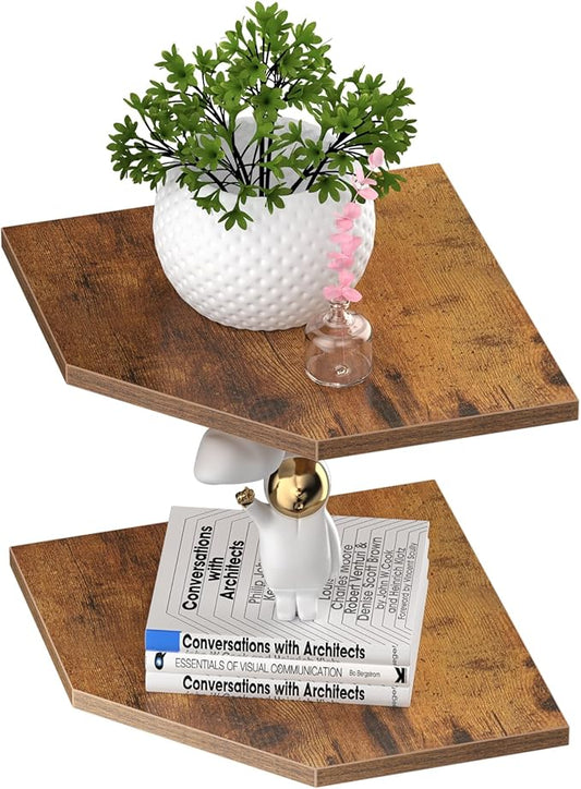 JJL Corner Wall Shelf, 10.4 Inch Wooden Corner Shelves, Set of 2 Floating Shelf for Wall Storage, Wall Mount Corner Shelves for Room Decoration, Rust Brown-NeatNest