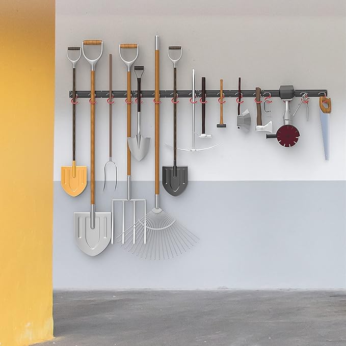 WALMANN All Metal 64 Inch Wall Mount Garden Tool Organizer for Garage, Mop and Broom Holder, Yard Tool Storage Rack for Rake, Shovel, Spade, Mop, Broom(4 Rails, 16 Hooks)-NeatNest