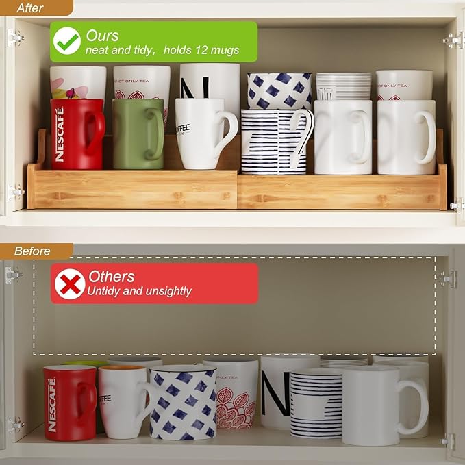 2-Tier Expandable Coffee Mug Holder, Mug Organizer for Kitchen Cabinets, Bamboo Mug Cup Rack, Multi-Functional Cup Holder Shelf, Coffee Bar Organizer, Home-NeatNest