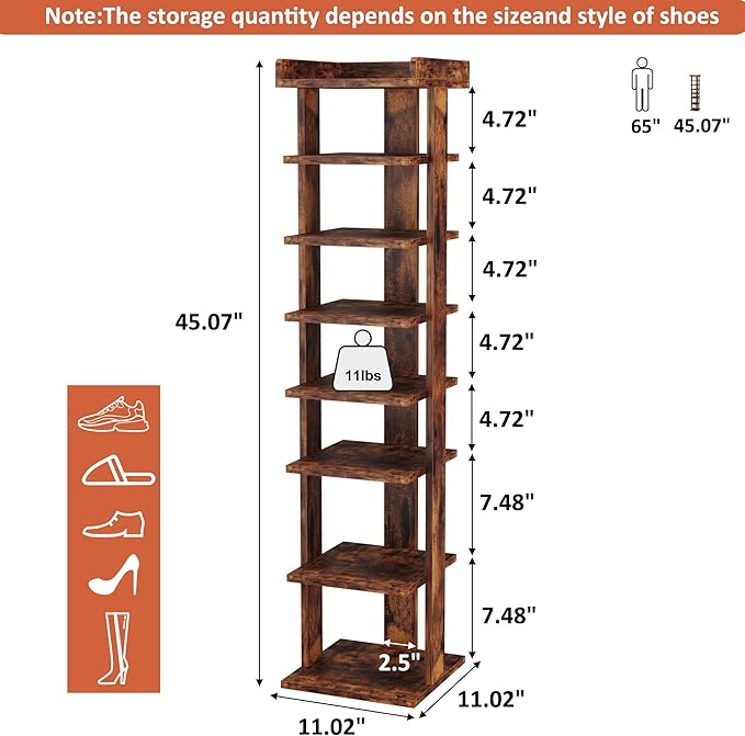 HOMEFORT 7-Tier Wood Shoe Rack, Entryway Shoe Tower,Vertical Shoe Organizer, Wooden Shoe Storage Stand, Rustic Brown-NeatNest