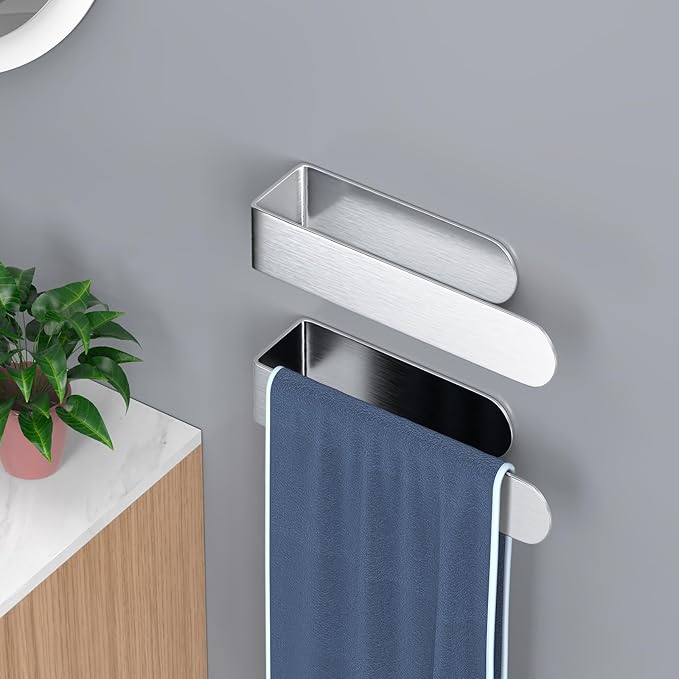 HUFEEOH 2 Pack Adhesive Hand Towel Holder, Sticky Towel Bar Towel Holder Wall Mounted, Stainless Steel Kitchen Towel Holder Hand Towel Rack for Bahtroom Hotel RV Kitchen (Silver)