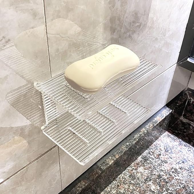 Double Layer Soap Holder, Wall Mounted NO-Drilling Self Draining Soap Dish with Rabbit Ornament, High Transparency Acrylic Bar Soap Sponge Holder for Shower, Bathroom, Bathtub, Kitchen Sink (Stripe)-NeatNest
