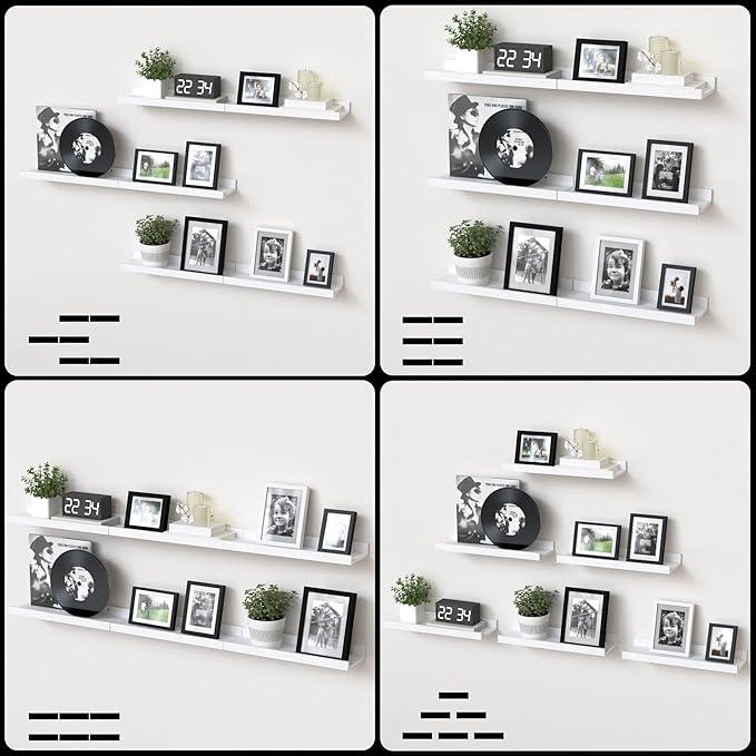 Floating Shelves Set of 6, White Wall Shelves with Lip, Display Shelves for Wall Decor, Modern Picture Ledge for Living Room, Bedroom, Nursery, Bathroom, Pictures, Books, Plants- White-NeatNest