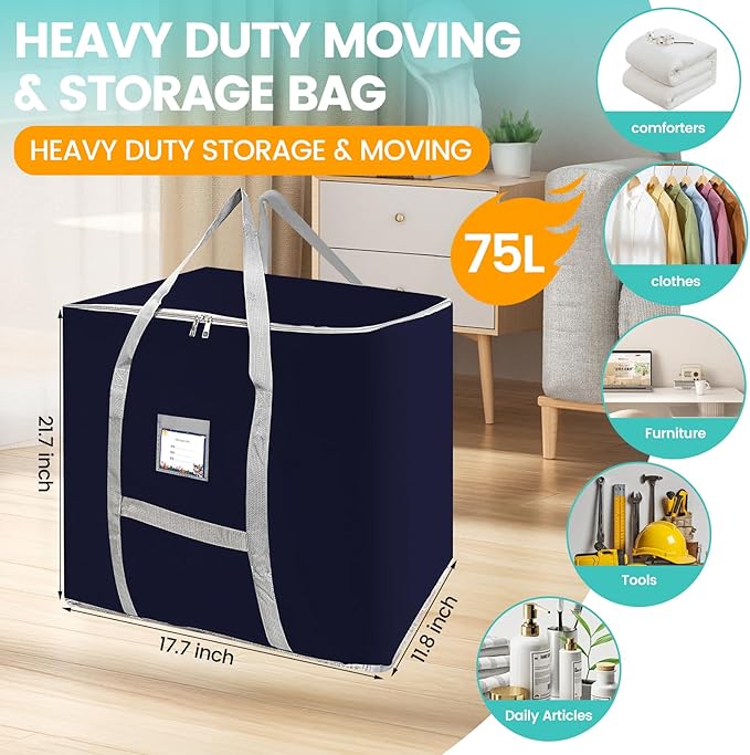 3 Pack Heavy Duty Moving Bags, Large Tote Bags, Space Saving, for Storage & Moving, with Reinforced Handles & Sturdy Zippers (Dark Blue)
