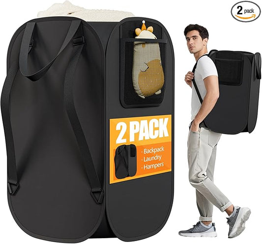 2 Pack Collapsible Backpack Laundry Bag Made by Strong Polyester Oxford Cloth, 76L Heavy Duty Large Hamper with Adjustable Shoulder Strap, Foldable Basket with Mesh Pocket for Dorm, Travel, Apartment-NeatNest