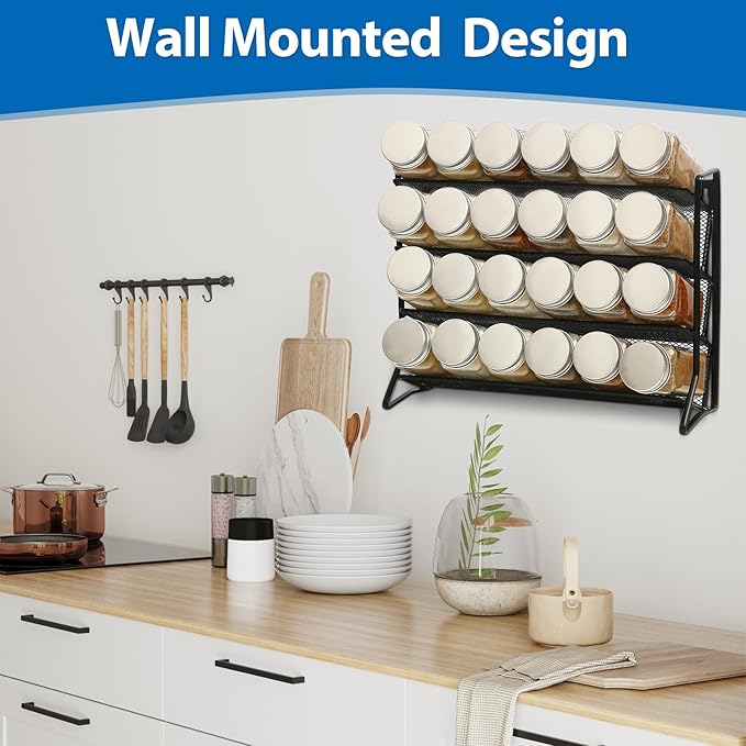1PCS 4Tier Spice Rack for Counter Free Standing,Spice Rack for Inside Cupboard Hanging Wall Mounted Spice Seasoning Organiser Spice Jars Bottle Organizer for Kitchen Pantry（Black）-NeatNest