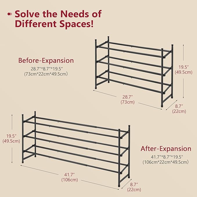 Tajsoon Expandable Shoe Rack for Closet 3 Tier, 28“-41“Adjustable & Stackable Shoe Shelf Storage, Metal Shoe Rack Organizer for Front Door Entrance, Closet, Garage, Entryway, Black-NeatNest