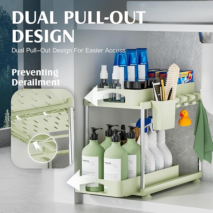 Under Sink Organizer, 2 Pack Under Kitchen Bathroom Cabinet Organizer, 2 Tier Under Bathroom Kitchen Sink Organizer, Adjustable Height Bathroom Kitchen Cabinet Organizers and Storage, Green-NeatNest