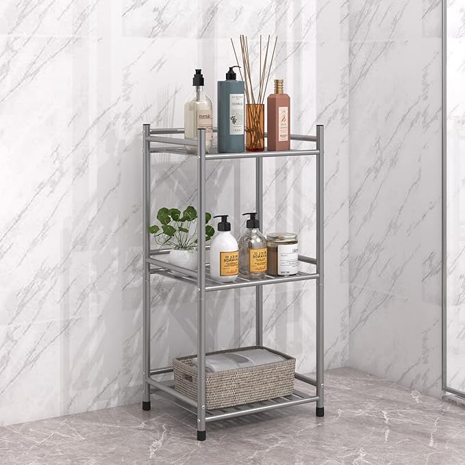 3 Tier Bathroom Storage Open Shelf Unit, Free-Standing Metal Corner Rack Shelving for Kitchen, Living Room, Hallway (Bright Gray, 3 Tier)-NeatNest