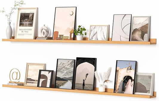 Heimlove Picture Ledge Shelf, Floating Shelves Set of 2, 72 Inches Long Large Picture Shelf for Wall with Ledge, Kids Bookshelf Wall Mounted for Living Room Bedroom Decor Books Photo Frames, Oak-NeatNest