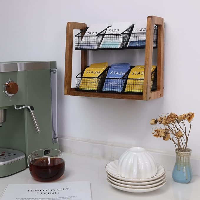 HTB 2 Tier Tea Organizer for Tea Bags, Tea Bag Holder with Acacia Wood Stand and 6 Removable Metal Basket for Sugar Packets, Sweeteners, Creamers for Cabinet, Countertop or Wall-mounted-NeatNest
