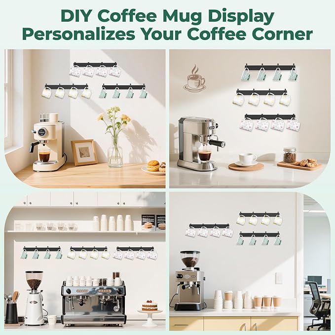EsLuker.ly Mug Holder Rack Coffee Cup Hanger Wall Mount, Metal Wall Cup Shelf Organizer Stand with 12 Hooks, Fits Most Mugs Display for Home Kitchen, Easy to Install, Set of 3, Black-NeatNest