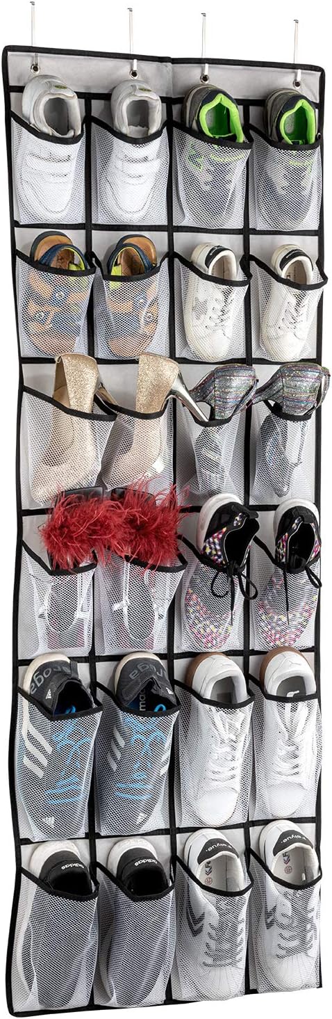 Over The Door Shoe Organizer, Hanging Shoe Organizer with 24 Mesh Large Pockets Door Shoe Rack Organizer for Men Women Kids Hanging Shoe Storage Bag.(White-NeatNest