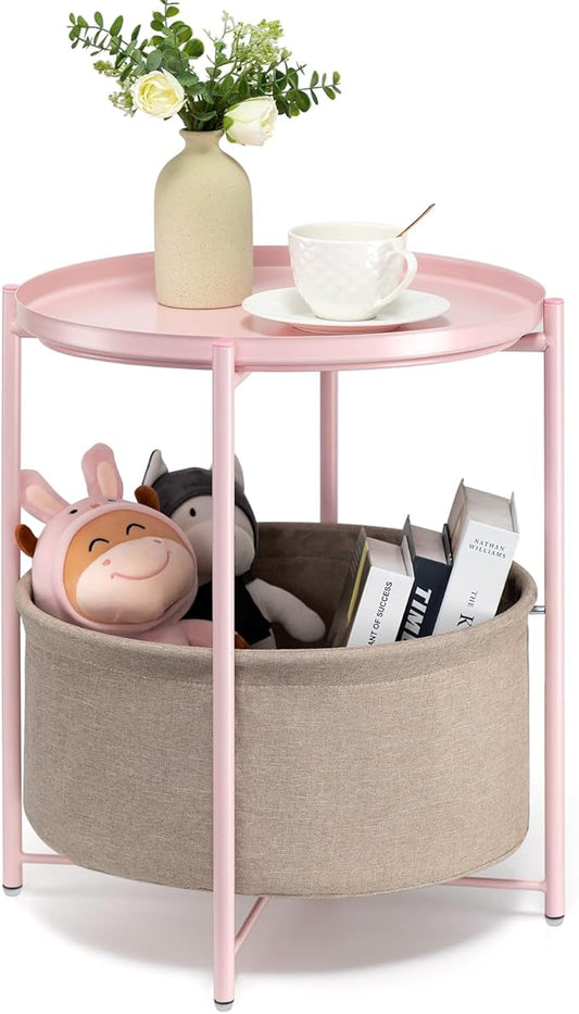 danpinera Round Side Table with Fabric Storage Basket, Metal Side Table Small Bedside Nightstand with Removable Tray Top for Living Room, Bedroom, Nursery, Laundry, Light Pink-NeatNest