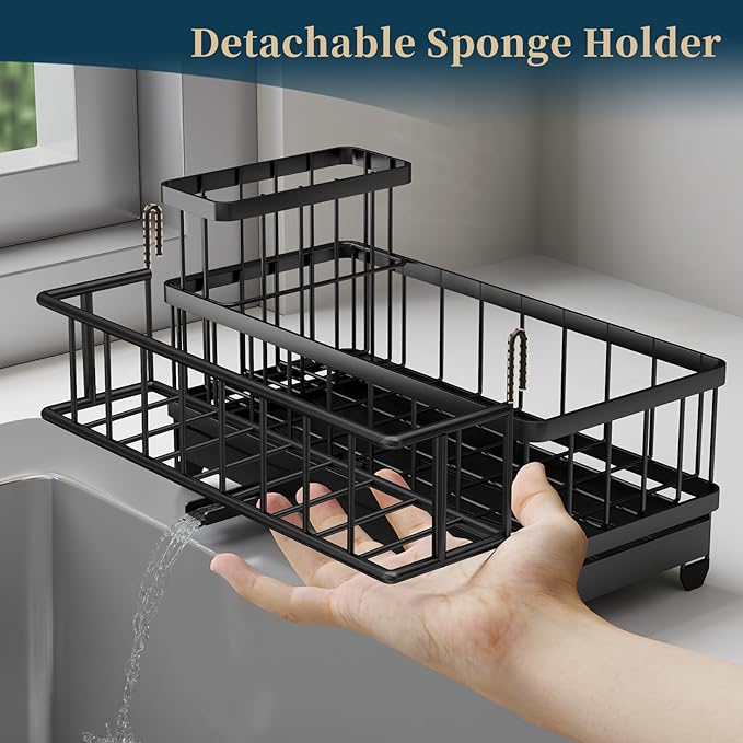 Consuemst Sponge Holder for Kitchen Sink - Auto Draining Sink Caddy Organizer with Detachable Rack, High Brush Holder, Kitchen Countertop Storage Accessories, Black-NeatNest