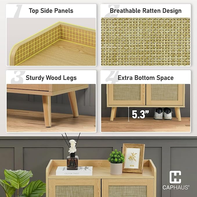 CAPHAUS 5 Tier Shoe Cabinet for Entryway, Modern Entryway Shoes Organizer w/Rattan Doors & Wooden Legs, Adjustable Shelves, Hidden Shoe Rack, Natural Oak