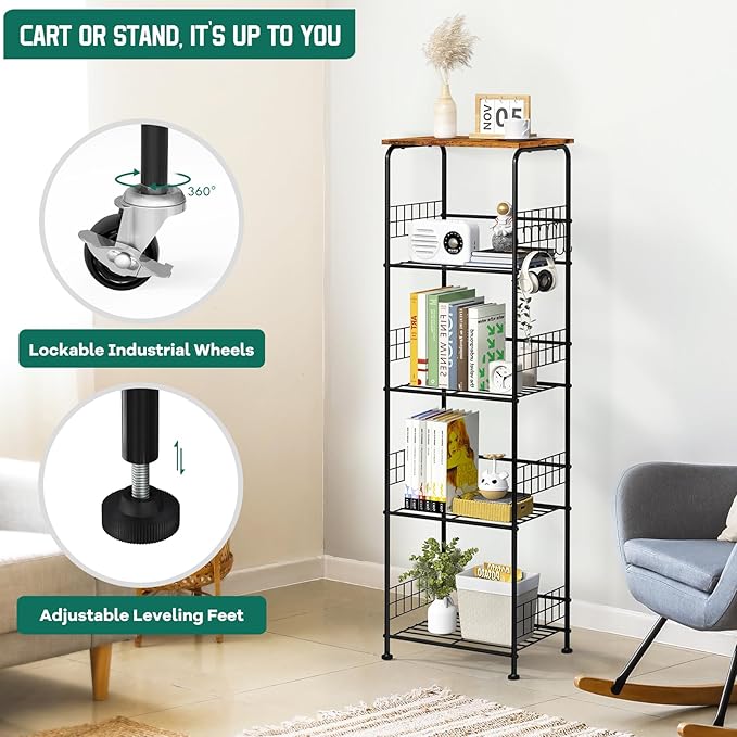 Storage Shelves with Wheels 5 Tier Metal Wire Storage Rack with Wooden Top, Versatile Utility Organizer with Side Hooks Free Standing Rolling Cart for Bathroom, Living Room, Kitchen, Laundry, Brown