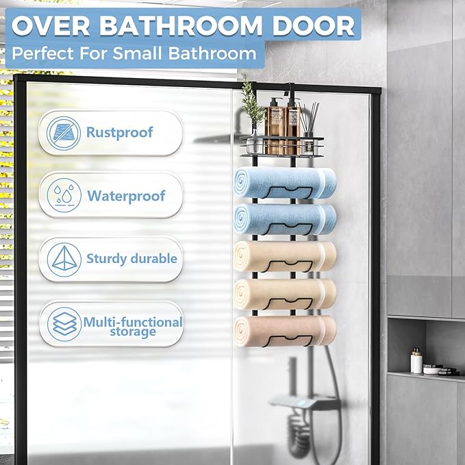 6-Tier Over The Door Towel Rack,Towel Racks for Bathroom, Metal Towel Holder with Storage Basket,Towel Storage for Small Bathroom,Towel Rack for Rolled Towels,Black, TM-6B