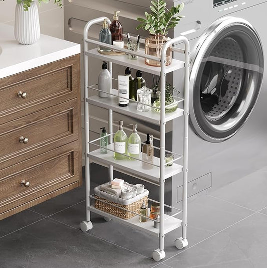 Slim Storage Cart, 4 Tier Rolling Utility Cart on Wheels, Narrow Shelving Unit Cart for Small Spaces in Kitchen, Dining Room, Bathroom, Laundry Room, White
