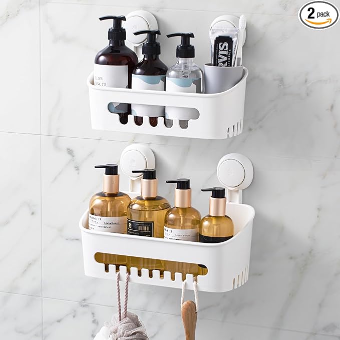 LEVERLOC Shower Caddy Suction Cup 2 Pack, Shower Organizer Removable Bathroom Shelf, Storage Suction Powerful Max Hold 22lbs Bathroom Caddy Waterproof Holder, White-NeatNest