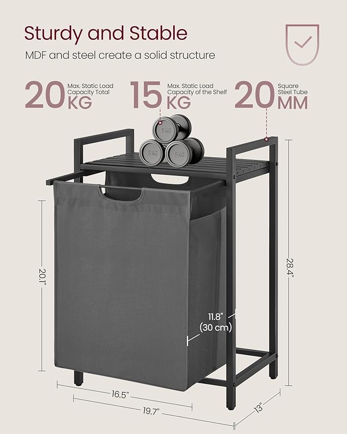 VASAGLE Laundry Hamper, Laundry Basket, Laundry Sorter with A Pull-Out and Removable Bag, Shelf, Metal Frame, 17.2 Gallons (65 L), 19.7 x 13 x 28.4 Inches, Gray and Black UBLH101G01-NeatNest
