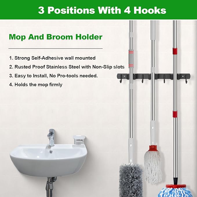 voze 3 Racks and 4 Hooks Mop and Broom Holder Wall Mount, Self Adhesive Heavy Duty Broom Organizer Storage Tool Racks for Kitchen Garden Laundry Garage-NeatNest