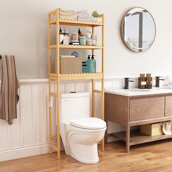 HITOMEN Over The Toilet Storage Cabinet, Bamboo Adjustable 3-Tier Above Toilet Shelf, Stable Freestanding Above Toilet Organizer with 3 Hooks for Bathroom Restroom Laundry Balcony, Natural 67" H