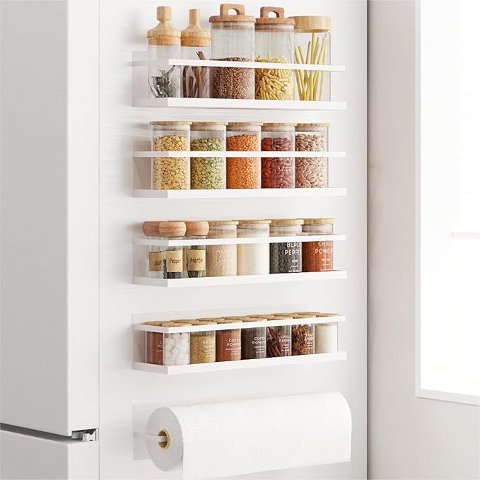 Magnetic Spice Rack for Refrigerator Magnetic Fridge Shelf for Kitchen Spice Organizer Magnetic Shelf for Fridge Space Saving White 4 Pack with Magnetic Paper Towel Holder