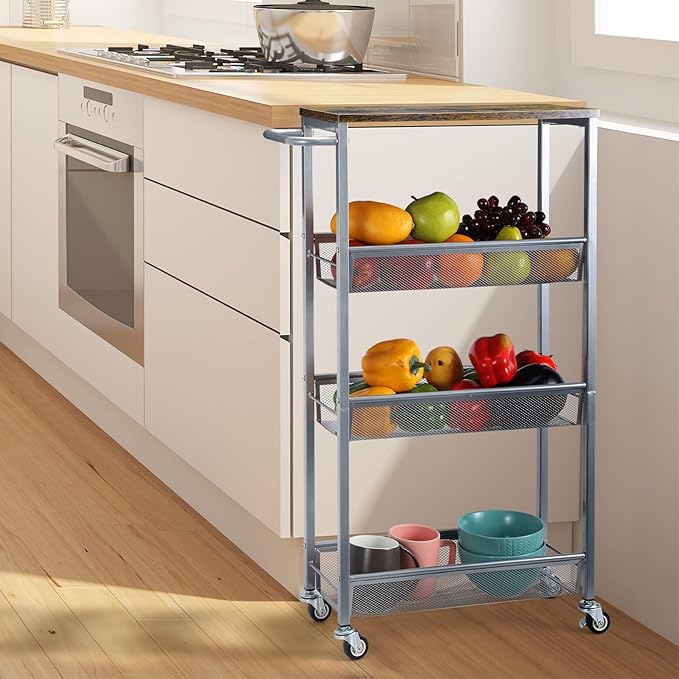 NANANARDOSO 4 Tier Slim Rolling Cart, Narrow Cart with Wood Top and Metal Handle, Kitchen Slim Storage Cart for Narrow Space on Kitchen, Bathroom, Silver.