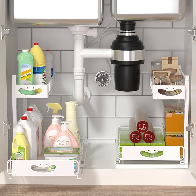 Under Sink Organizer with Pull-Out Drawers,Kitchen Sink Organizer,2 Tier Bathroom Organizers And Storage,Bathroom Accessories Set,White 2 Pack-NeatNest