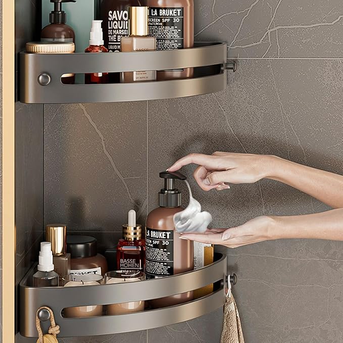Corner Shower Caddy Shelf,No Punching Design,2-Tier Shower Organizer,Wall Mounted Shower Shelf for Bathroom, Kitchen, Countertop(Gray)