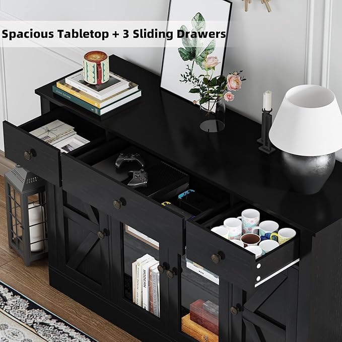 4 EVER WINNER Sideboard Buffet Cabinet with Storage, 55" Coffee Bar Cainets with 3 Drawers and Glass Doors, Farmhouse Buffet Cabinet for Kitchen, Living Room-NeatNest