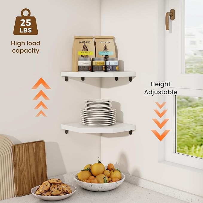 Fun Memories Corner Shelf Wall Mount, Solid Oak Wood Floating Corner Shelves with Cable Hole, 8.5in Rustic Design for Bedroom, Bathroom, Kitchen, Living Room (White, 1 Pack)-NeatNest