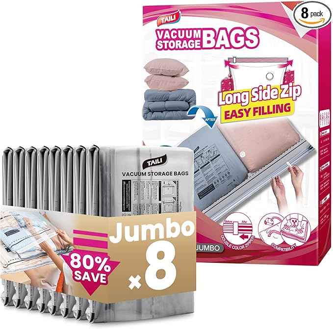 TAILI 8 Pack Vacuum Storage Bags, Jumbo Size 39x28 inch, LONG SIDE ZIP Vacuum Seal Bags for Beddings, Extra Large Storage Space Saver for Clothing, Comforters, Blankets, Pillows-NeatNest