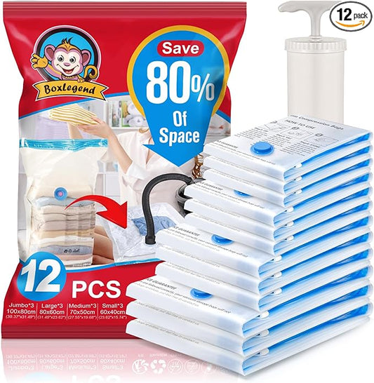 BoxLegend Vacuum Storage Bags with Large Hand Pump 12 Combo (3 Jumbo,3 Large, 3 Medium, 3 Small) Thickened Vacuum Seal Bags for Clothing Coat Bedding Quilt Blanket Pillow Comforters-NeatNest