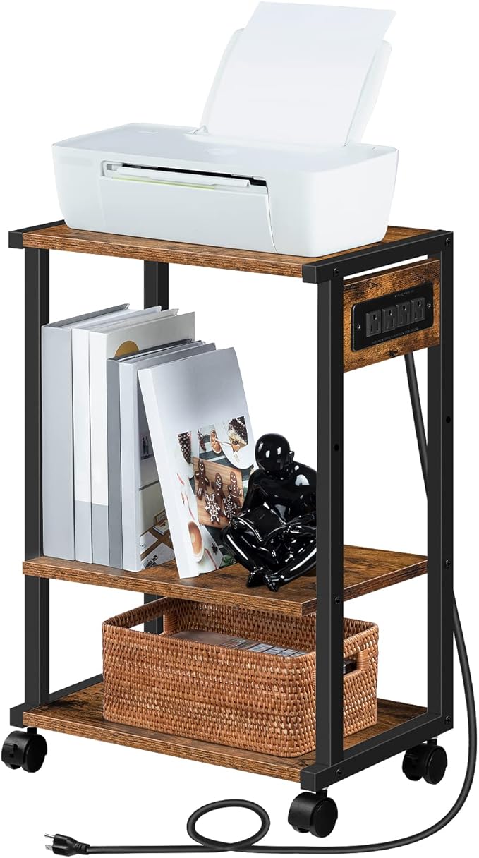 HOOBRO Industrial Printer Stand with Charging Station, 3-Tier Printer Table, Rolling Printer Cart with Adjustable Shelf and Hook, Rustic Brown and Black BF28UPS01-NeatNest