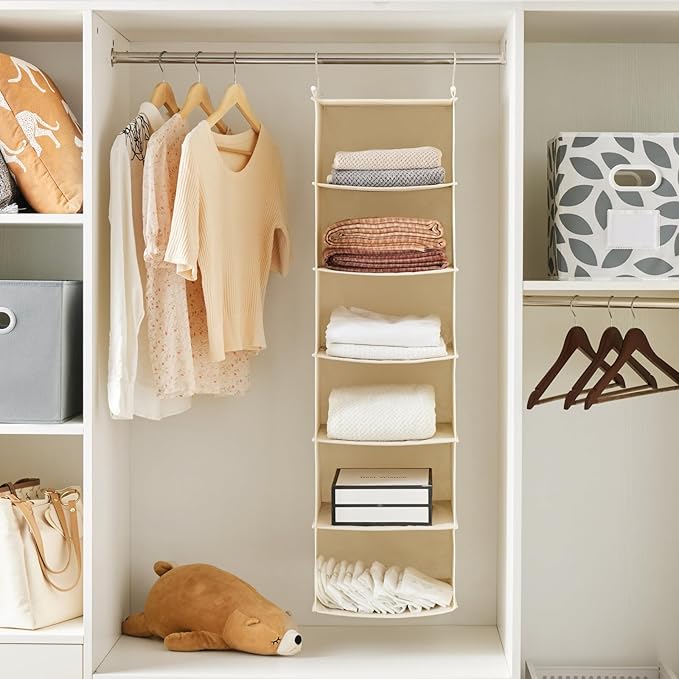 MAX Houser 6 Tier Shelf Hanging Closet Organizer, Cloth Hanging Shelf with 2 Sturdy Hooks for Storage, Foldable (Beige)-NeatNest