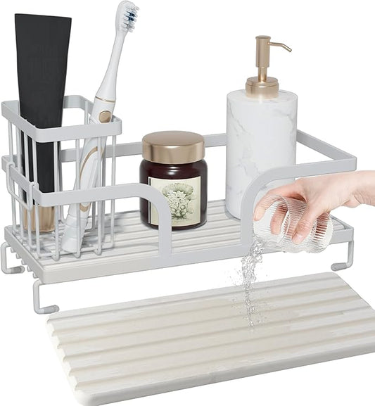Bathroom Counter Organizer,Perfume Tray,Stone Drying Mat for Kitchen Counter,9.7" x 4.2"x 3.2", Ideal for Bathroom Organizers and Storage, Vanity, Skincare, Present, and More,1PCS White-NeatNest