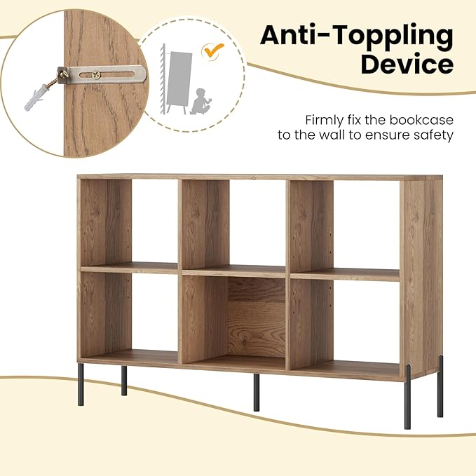 6 Cube Bookcase, Wood Storage Organizer with 5 Metal Legs, Bookshelf with Storage, Cubical Storage Shelf, Wooden Book Shelf, Display Shelves for Bedroom, Living Room, Entryway (Natural)