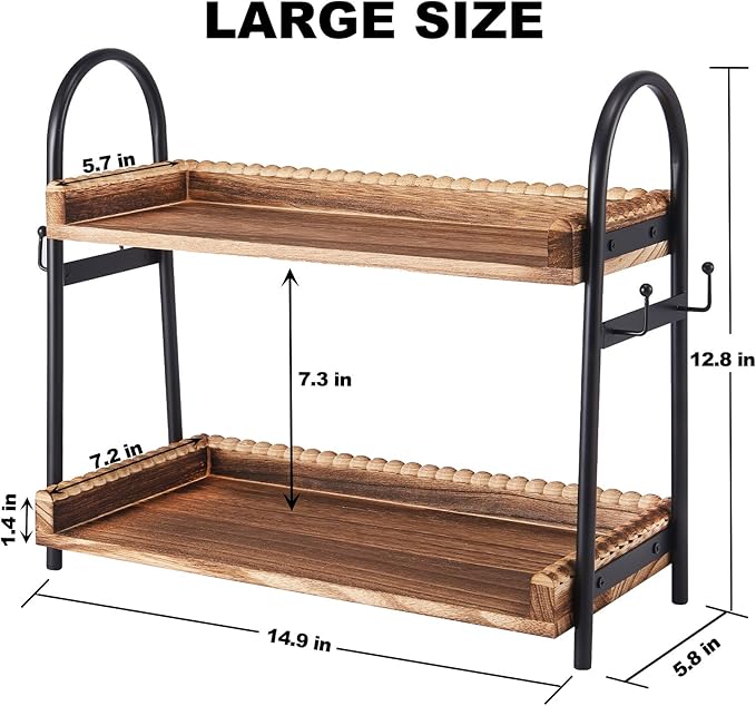 Coffee Bar Accessories, 2-Tier Coffee Bar Organizer with 4 Coffee Cup Holder Hooks, Mul-tifunctional Wooden Beaded Coffee Station Countertop Stand Shelf for Kitchen Home Office-NeatNest