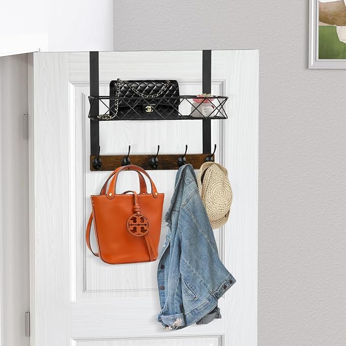YINMIT Over The Door Hooks Organizer with Basket, Over The Door Towel Rack with 5 Metal Hooks, Door Hangers for Clothing, Over Door Hanger for Bathroom, Bedroom, Kitchen
