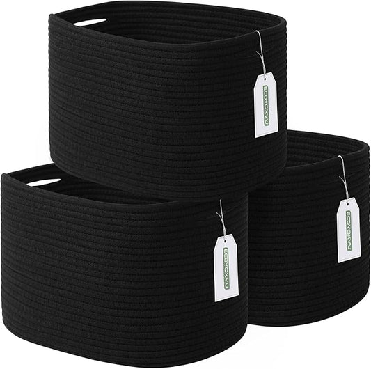 Cotton Rope Storage Basket, 15x10x9 Inches, Woven Basket for Shelves, Clothes, Toys, Towels, Books, and Laundry, Durable and Stylish, Black (3 Pack)-NeatNest