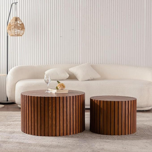 Round Coffee Table Set of 2, Nesting Coffee Table and End Table Set Small Circle Drum Side Table for Living Room Office, No Assembly (C Walnut Large)