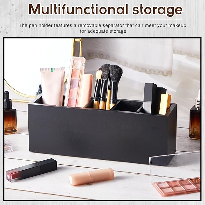 Jetec Wooden Pencil Holder 5 Compartments for Desk Adjustable Pen Holder Wood Office Desk Organizers and Accessories Makeup Brush Organizer for Pen, Home, Office and Art Supplies(Black)-NeatNest